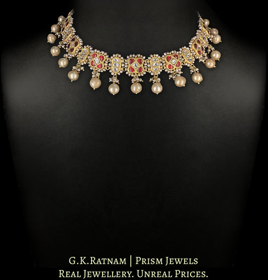 23k Gold and Diamond Polki south-style Choker Necklace Set with Antiqued Hyderabadi Pearls