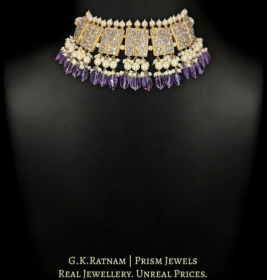 23k Gold and Diamond Polki Choker Necklace Set with Amethysts and Pearls