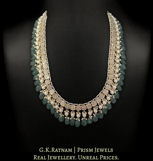 23k Gold and Diamond Polki Long Necklace Set with square motifs strung in Green Strawberry Quartz Melons