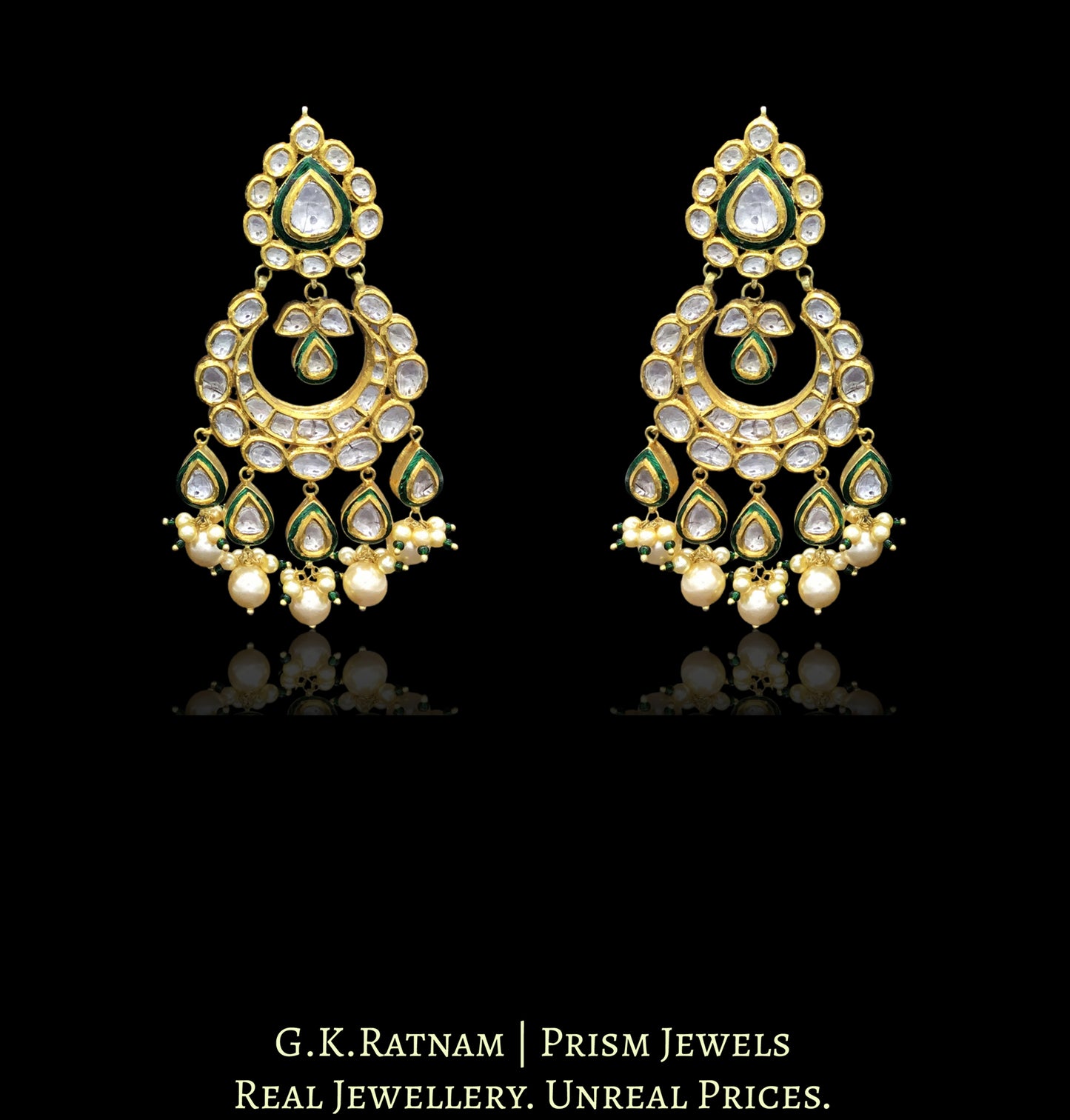 18k Gold and Diamond Polki Chand Bali Earring Pair with subtle green enamelling - G. K. Ratnam