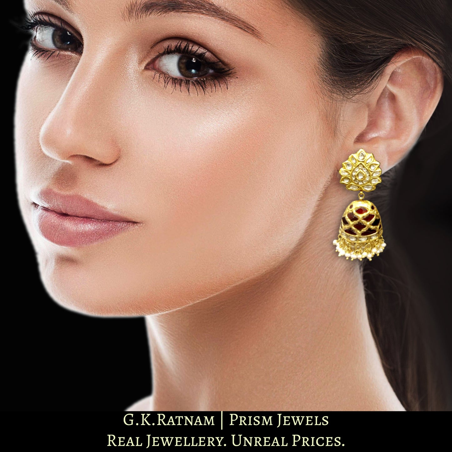 23k Gold and Diamond Polki Half-Jhumki Earring Pair with Lotus Tops