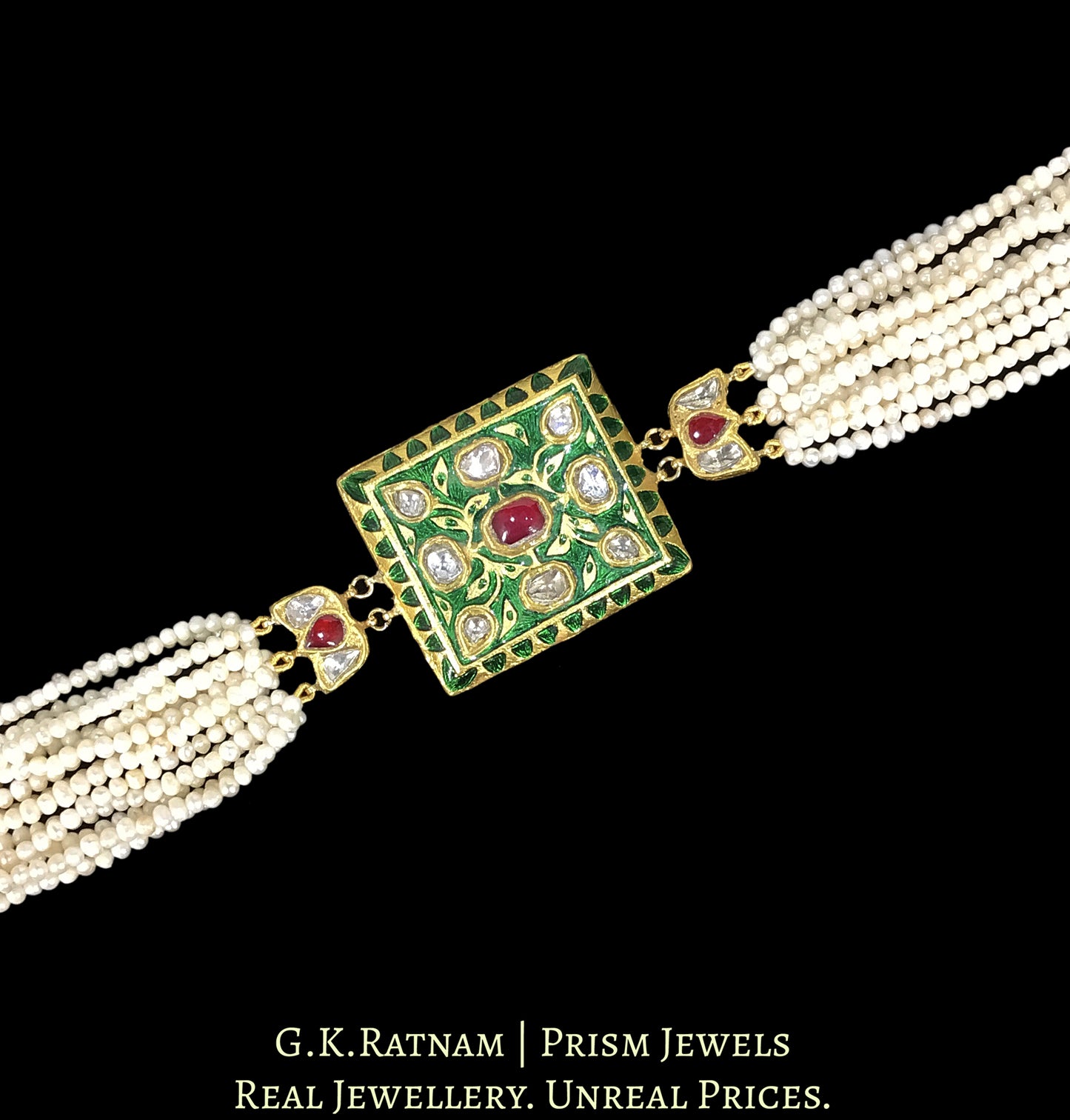 23k Gold And Diamond Polki Green Enamel Choker Necklace with Natural Freshwater Pearl Bunches