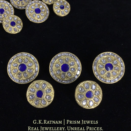 23k Gold and Diamond Polki Sherwani Buttons for Men with Blue Center - G. K. Ratnam