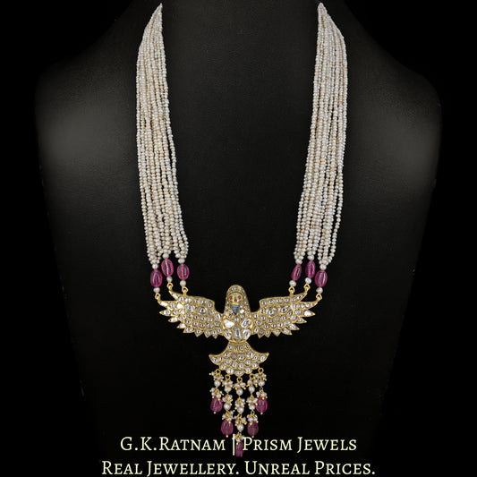 18k Gold and Diamond Polki Eagle Pendant with Antiqued Freshwater Pearls and Rubies