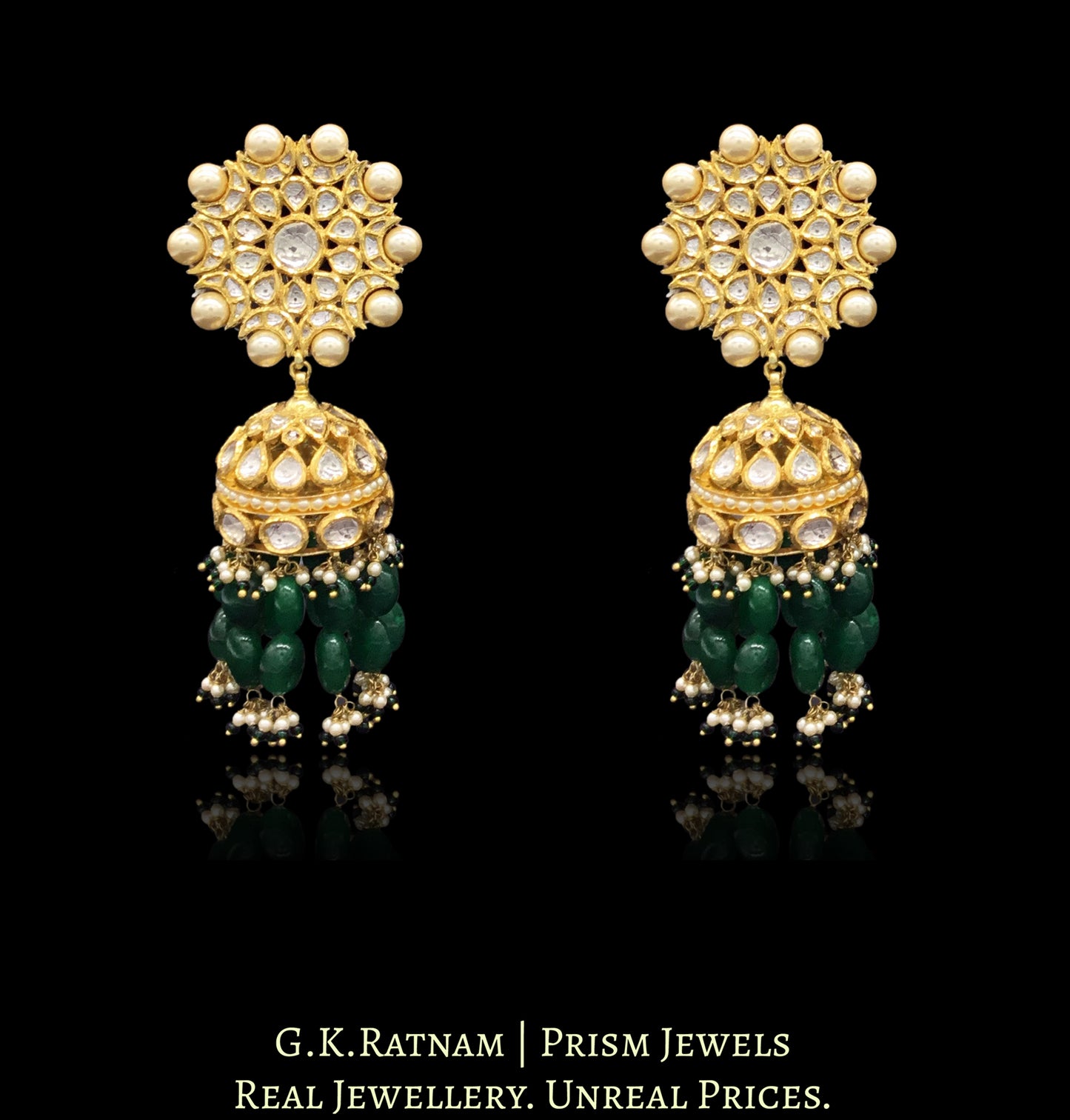 18k Gold and Diamond Polki Karanphool Jhumki Earring Pair with emerald-grade green beryls - G. K. Ratnam