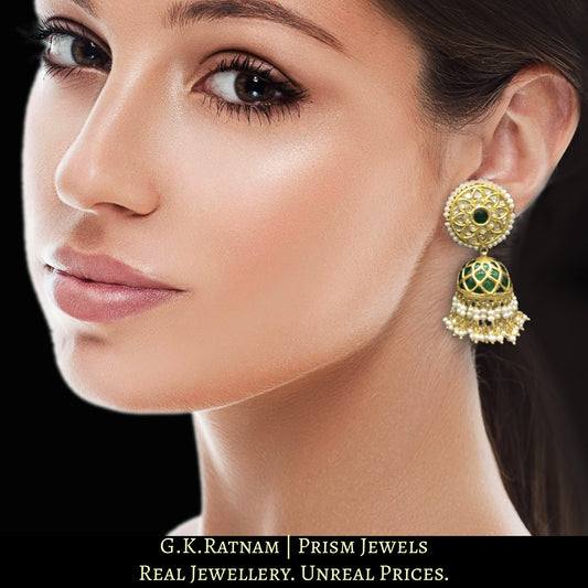 23k Gold and Diamond Polki Jhumki Earrings set with emerald-green stones and enhanced with Freshwater Pearls