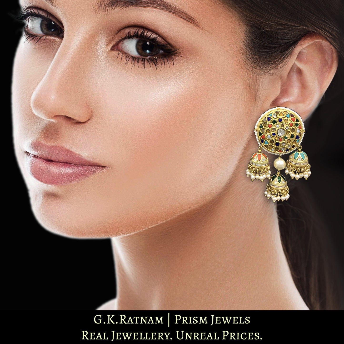 23k Gold and Diamond Polki Navratna Karnfools with small Jhumkis