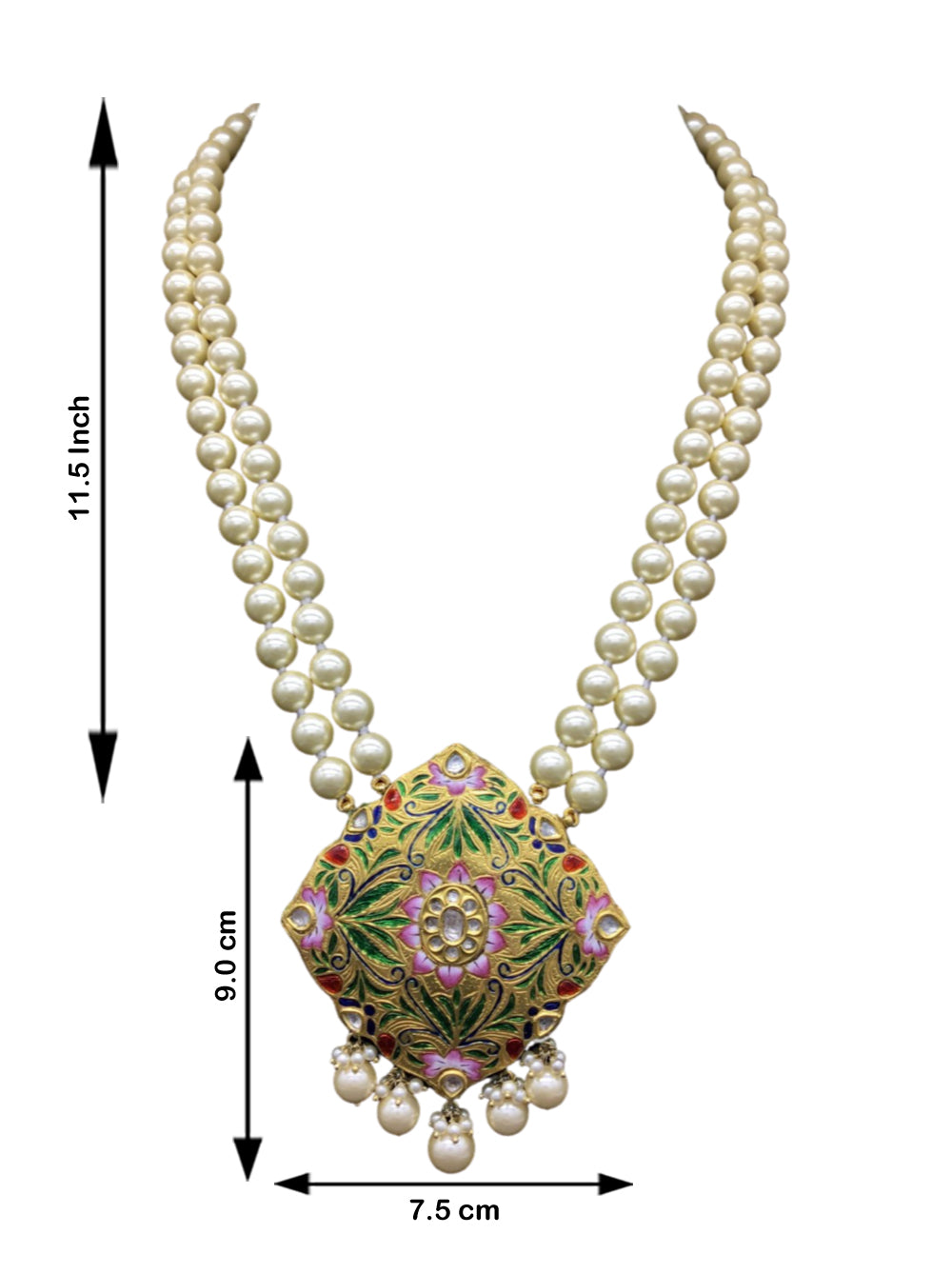 23k Gold and Diamond Polki multi-color designer Pendant with lustrous south-sea-like pearls
