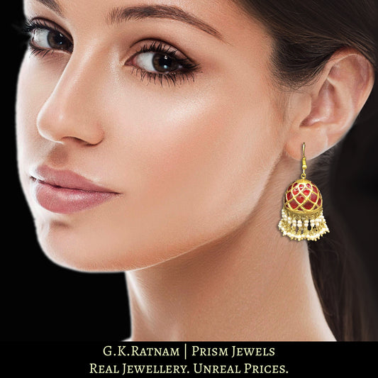 23k Gold and Ruby Jhumki Earring Pair enhanced with Natural Freshwater Pearls