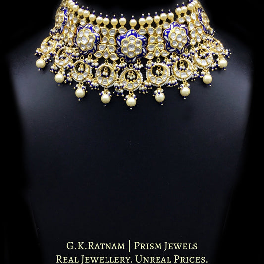 18k Gold and Diamond Polki Choker Necklace Set with elegant blue meenakari