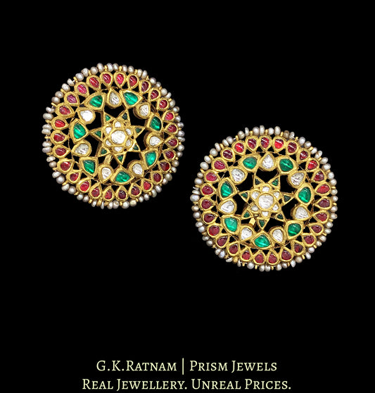 22k Gold and Diamond Polki Karanphool Earring Pair with Rubies and Emeralds - G. K. Ratnam