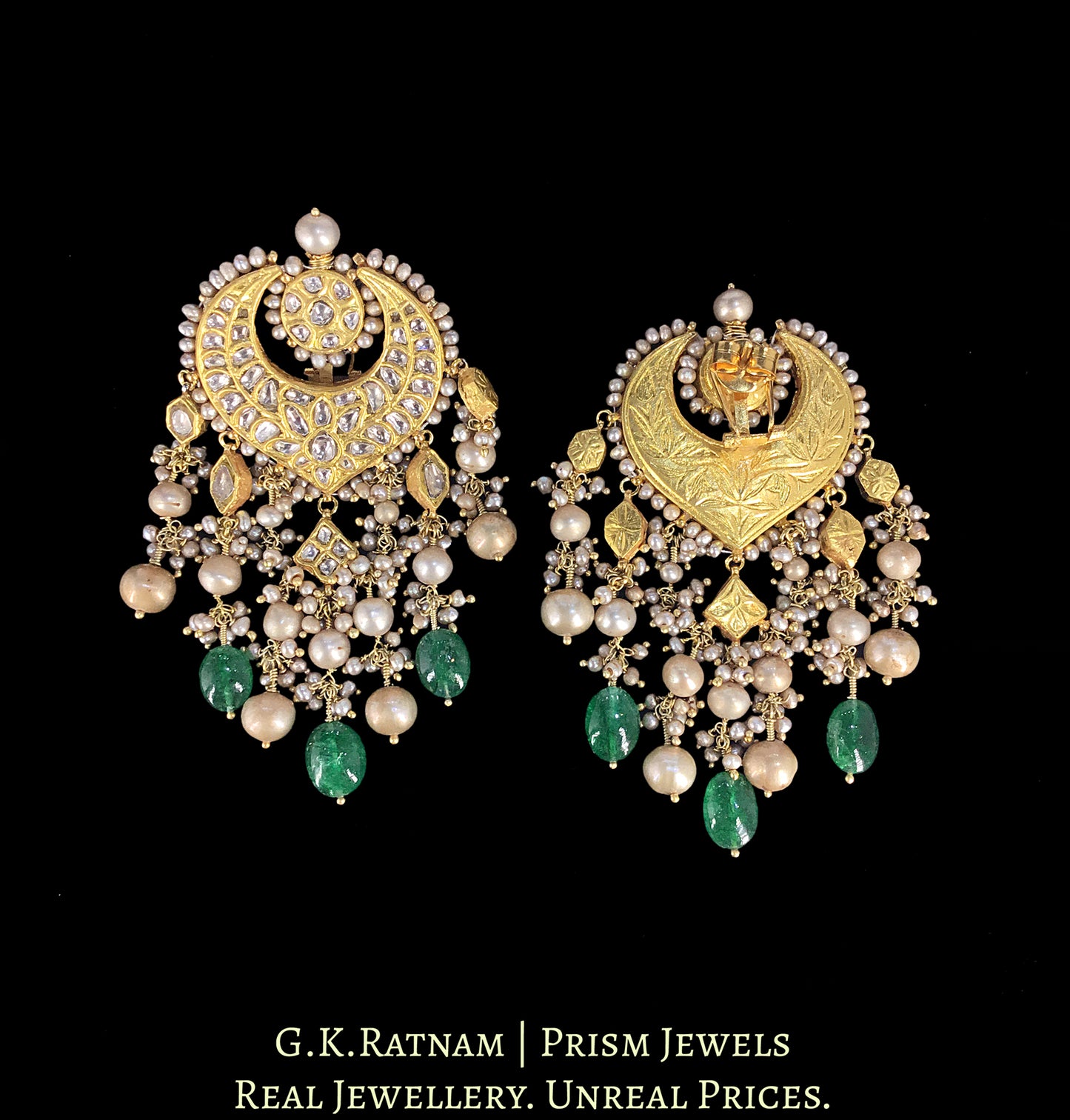 23k Gold and Diamond Polki Chand Bali Earring Pair with Antiqued Hyderabadi Pearls and Green Beryls
