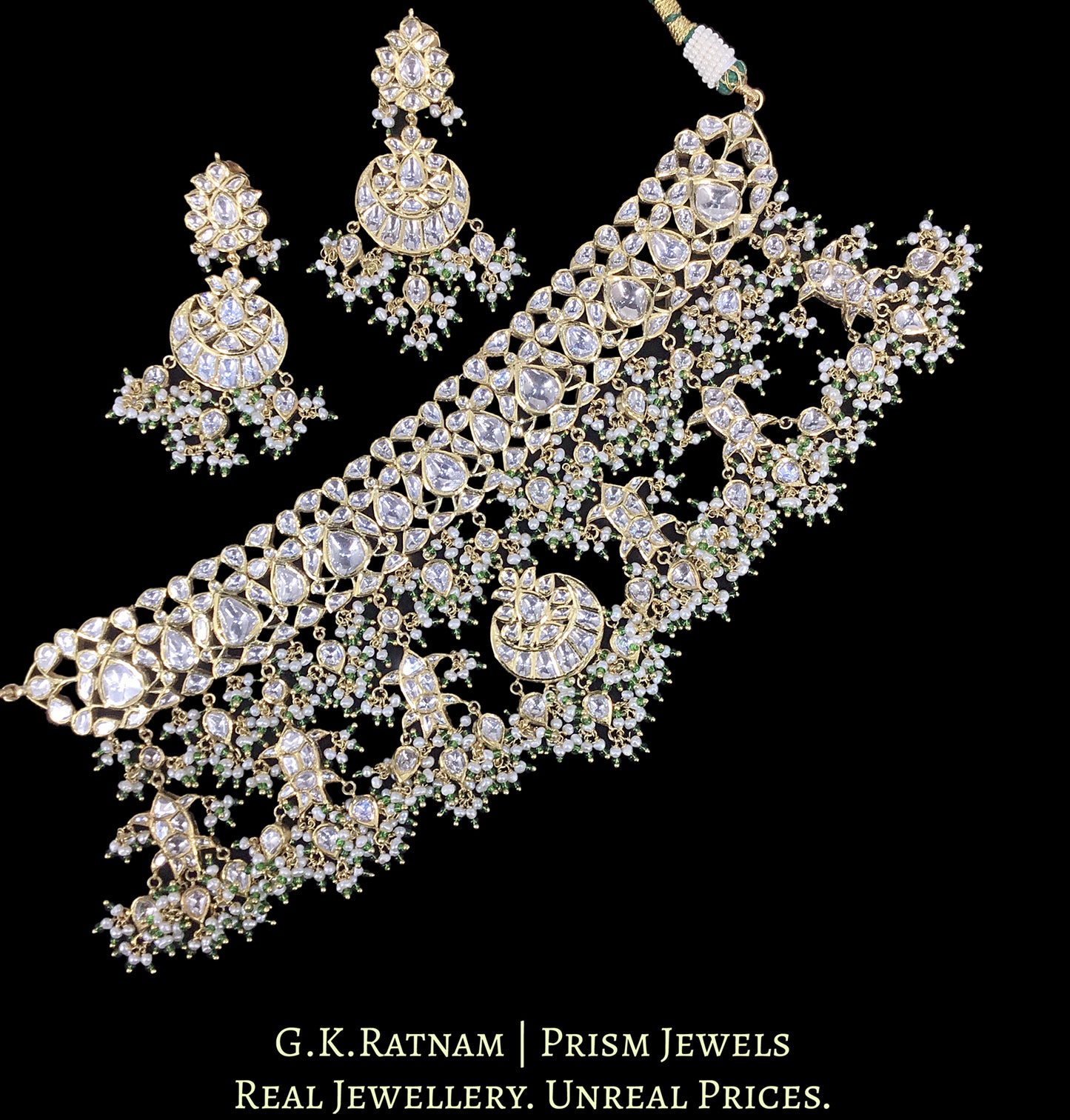 18k Gold and Diamond Polki Choker Necklace Set With Fishes
