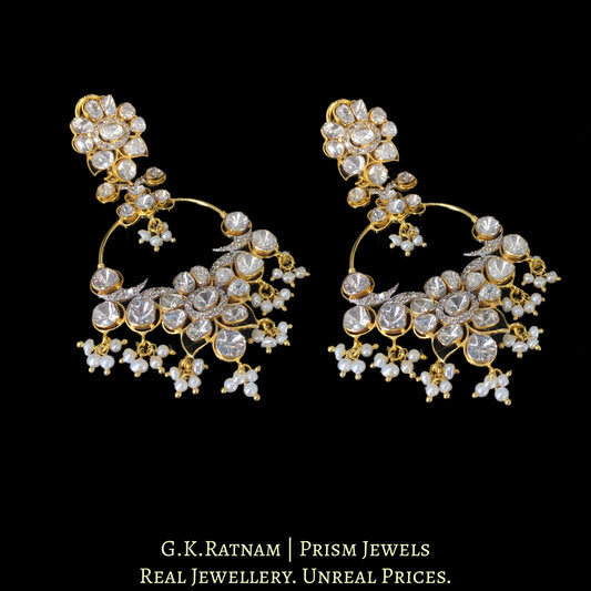 14k Gold and Diamond Polki Open Setting Chand Bali Earring Pair with Natural Freshwater Pearls - G. K. Ratnam