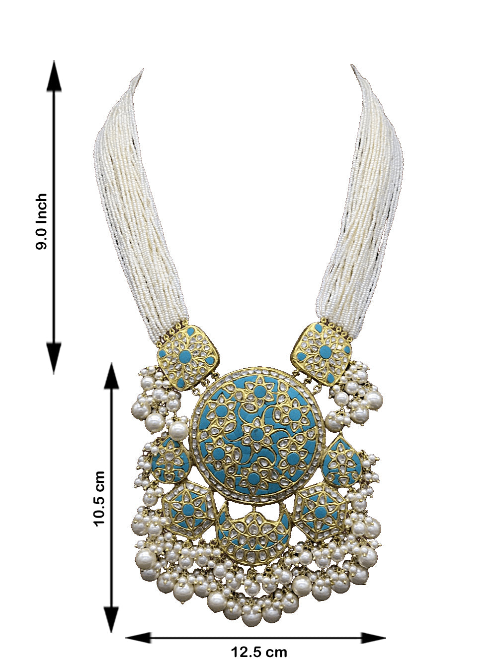 23k Gold and Diamond Polki Turquoise Hybrid Pendant Set with tiny chid pearl bunches