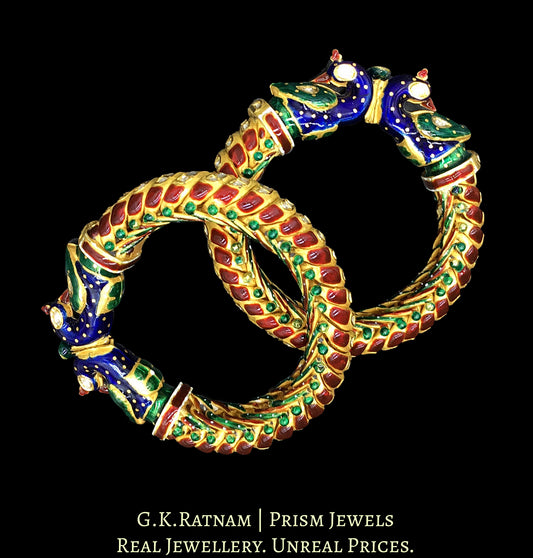 22k Gold and Diamond Polki snake-like Bangle Pair with multi-color enamelling