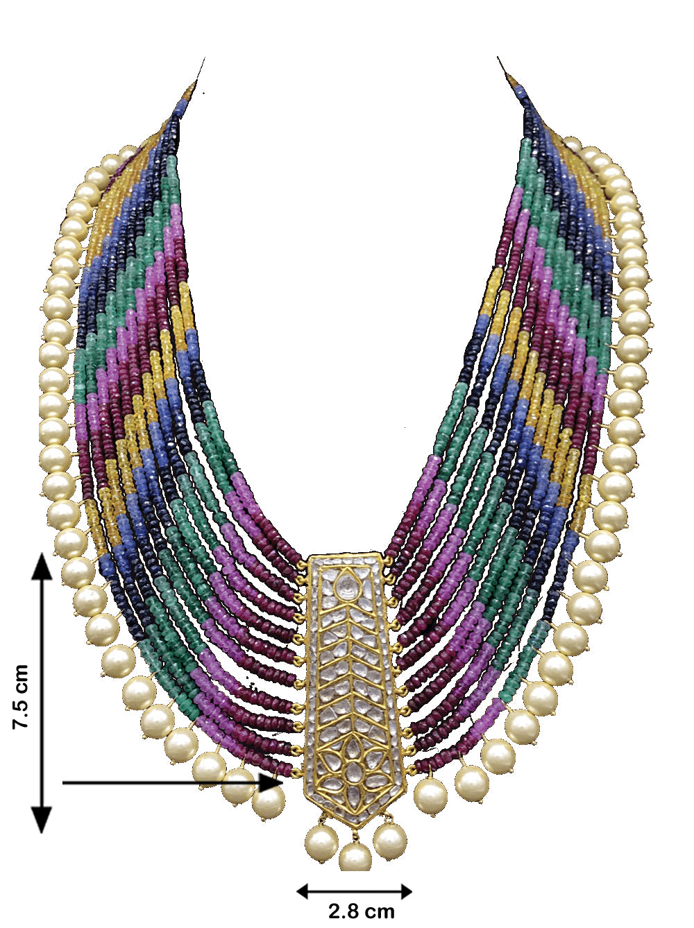 23k Gold and Diamond Polki tie-shaped Pendant Set strung with natural multi-color rainbow beads - G. K. Ratnam