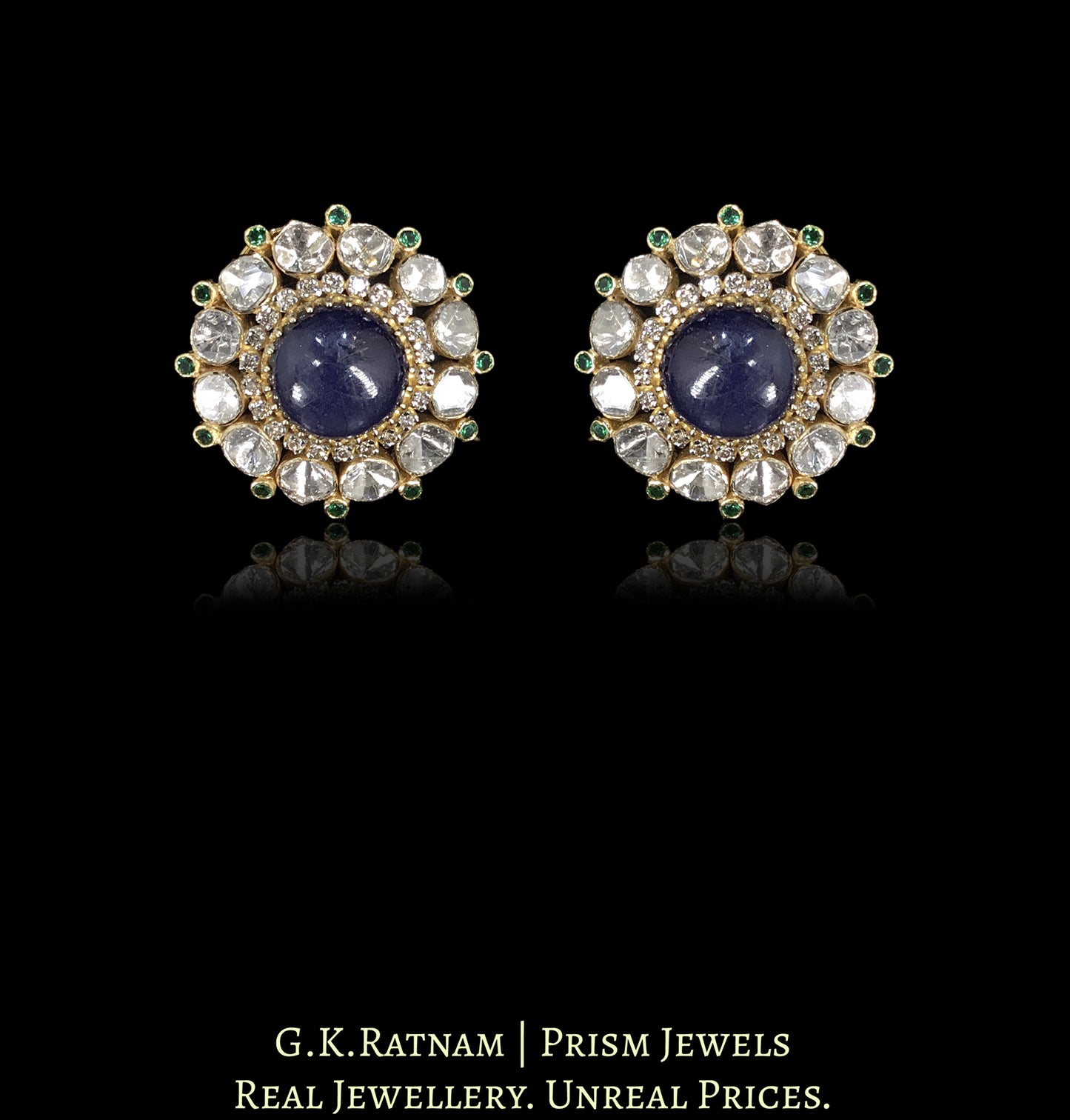 14k Gold And Diamond Polki Open Setting Chand Bali Earring Pair With detachable Blue Sapphire Jhumkis