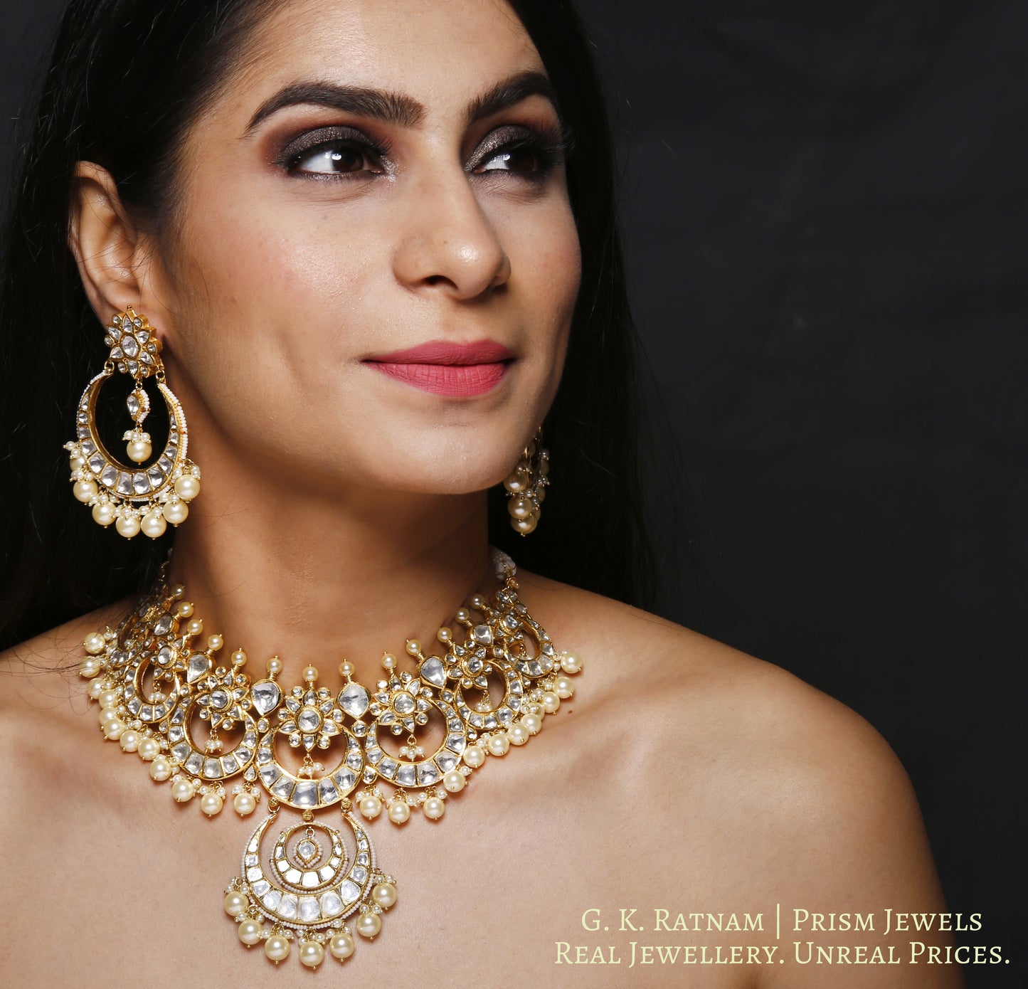 18k Gold and Diamond Polki Choker Necklace Set enhanced with south-sea-grade pearls - gold diamond polki kundan meena jadau jewellery
