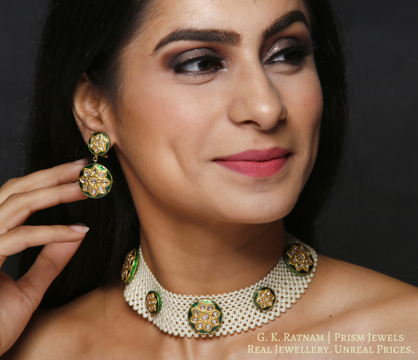 23k Gold and Diamond Polki Necklace Set with green enamelled rounds crocheted in lustrous pearls - gold diamond polki kundan meena jadau jewellery