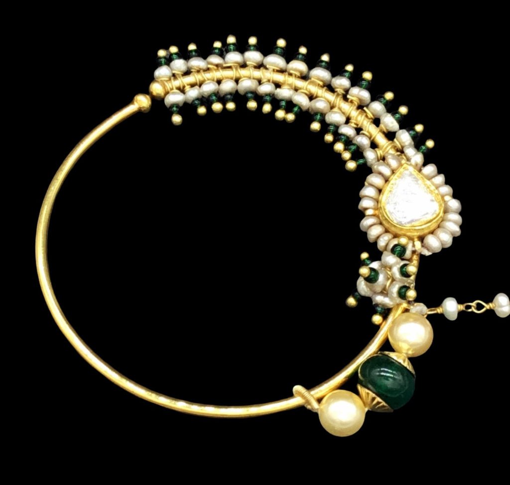 18k Gold and Diamond Polki Nose Ring elaborated with antiqued hyderabadi pearls - G. K. Ratnam