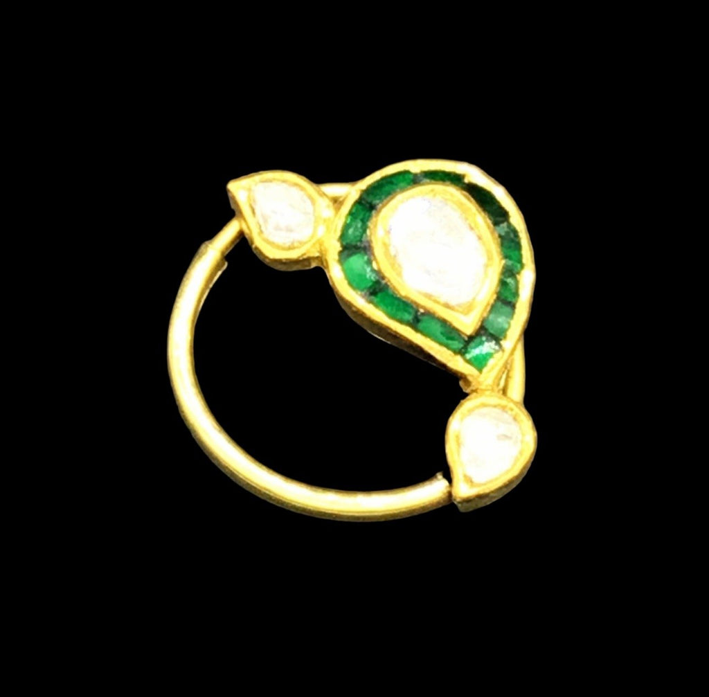 18k Gold and Diamond Polki Small Nose Ring with emerald-green stones - G. K. Ratnam
