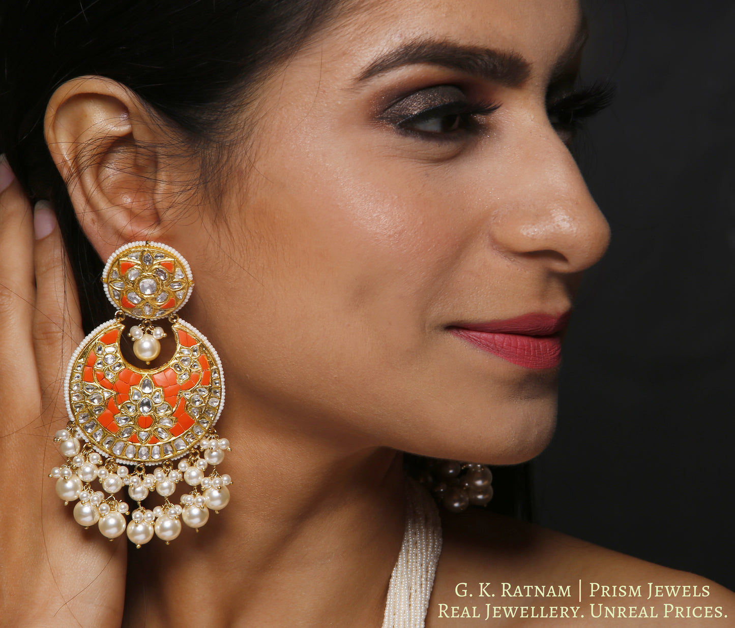 23k Gold and Diamond Polki Coral Hybrid Pendant Set with tiny chid pearl bunches - gold diamond polki kundan meena jadau jewellery