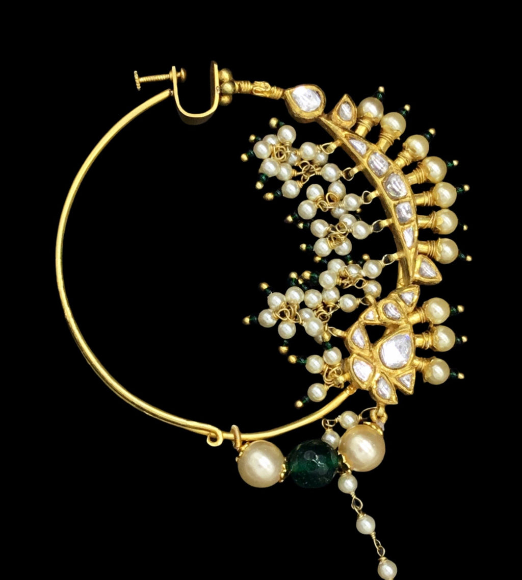 18k Gold and Diamond Polki Bridal Nose Ring with pearl chandeliers - G. K. Ratnam