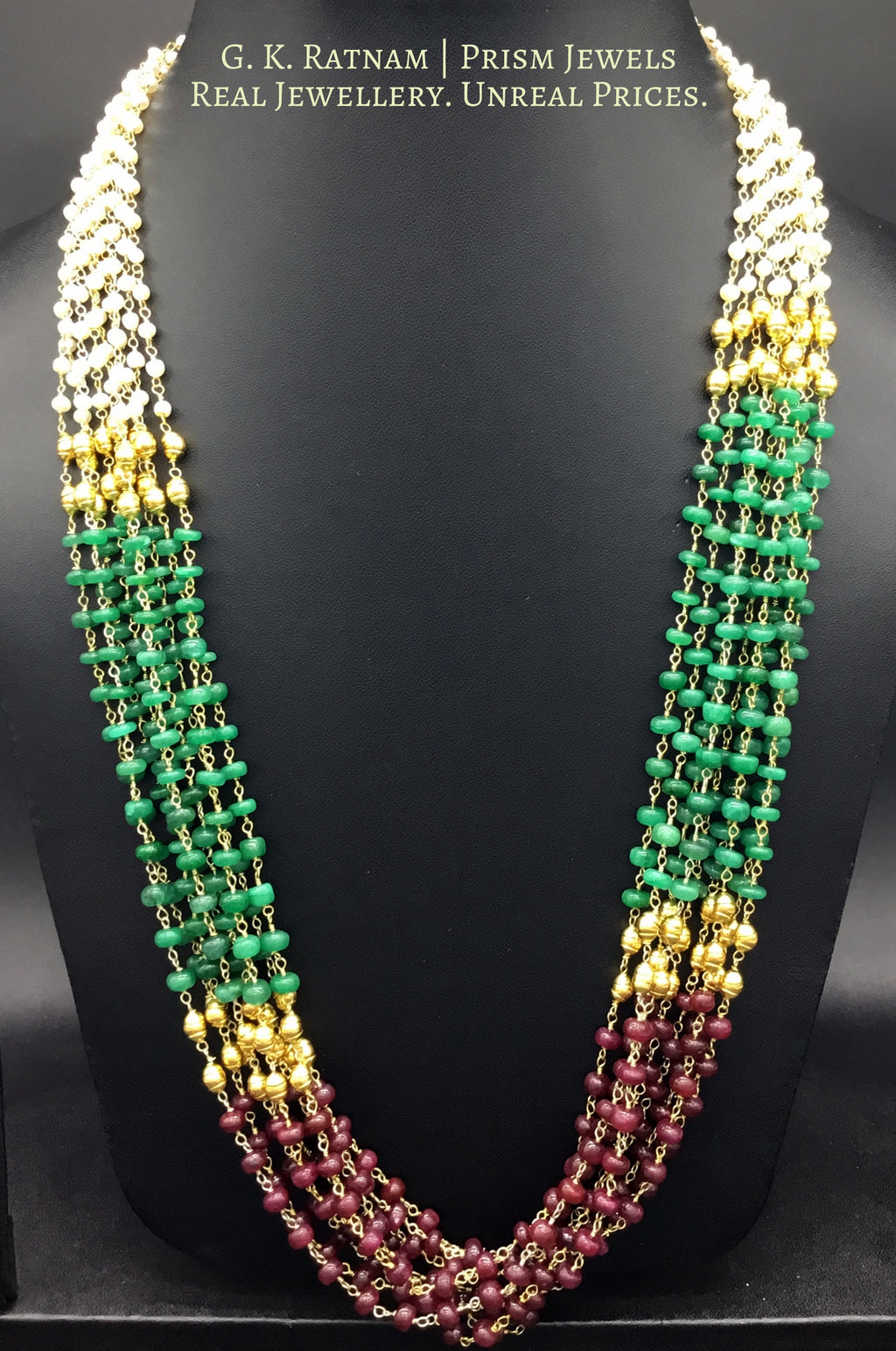 Pearl-beryl-ruby nine-line Necklace with a hint of golden beads - gold diamond polki kundan meena jadau jewellery