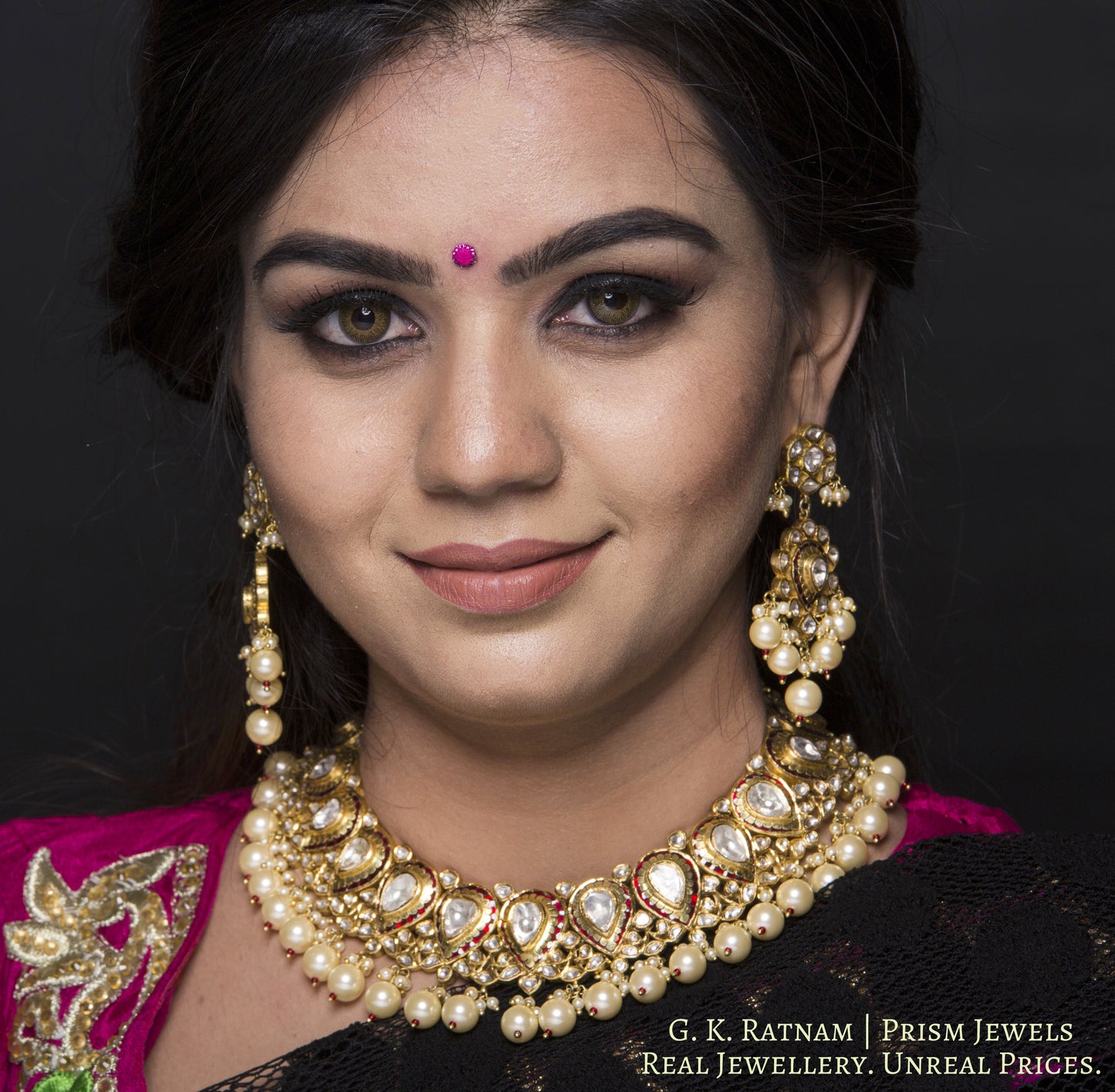 18k Gold and Diamond Polki Necklace Set with floral red meenakari - gold diamond polki kundan meena jadau jewellery