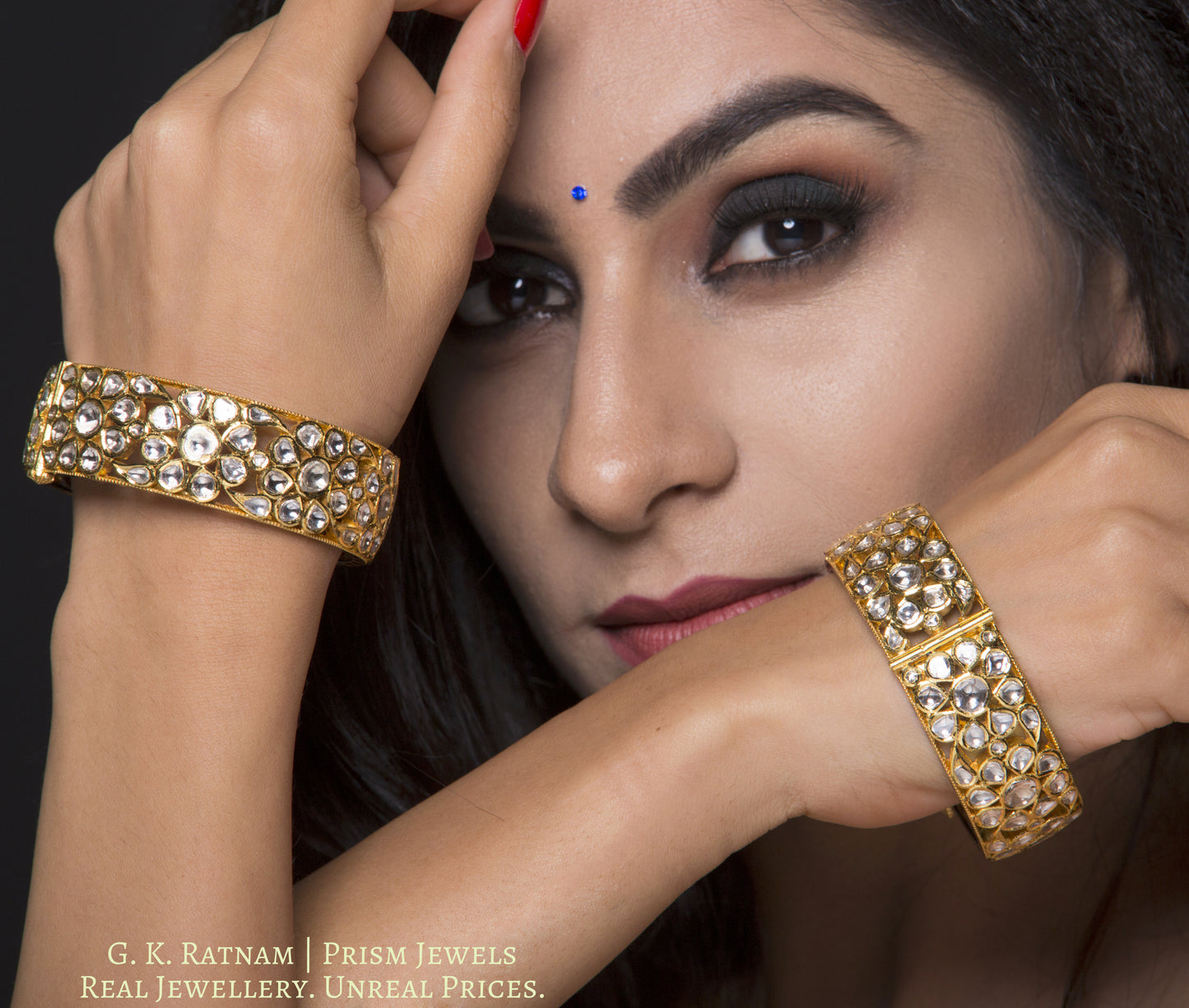 18k Gold and Diamond Polki Bangle Pair - gold diamond polki kundan meena jadau jewellery
