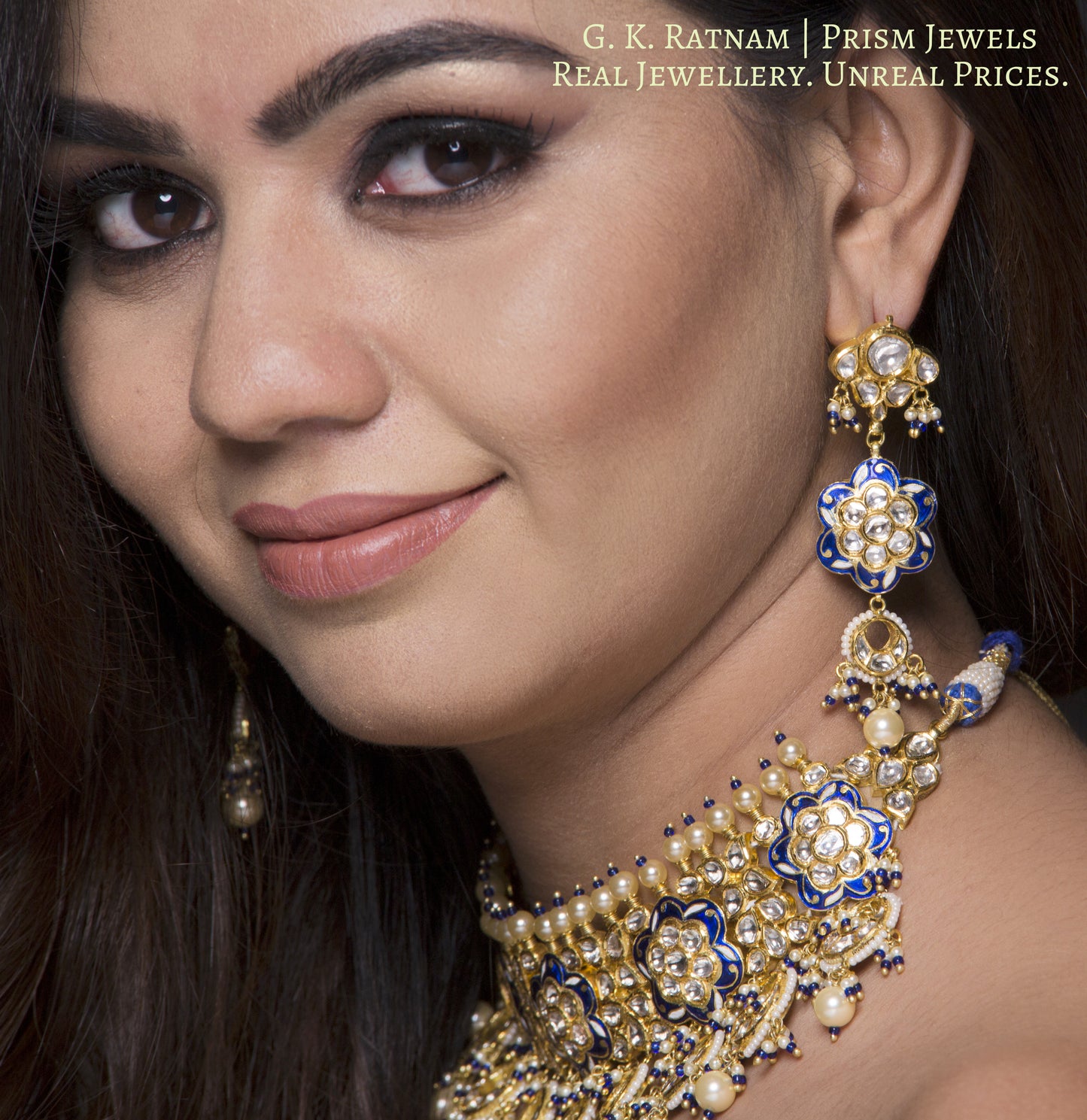 18k Gold and Diamond Polki Choker Necklace Set with elegant blue meenakari - gold diamond polki kundan meena jadau jewellery
