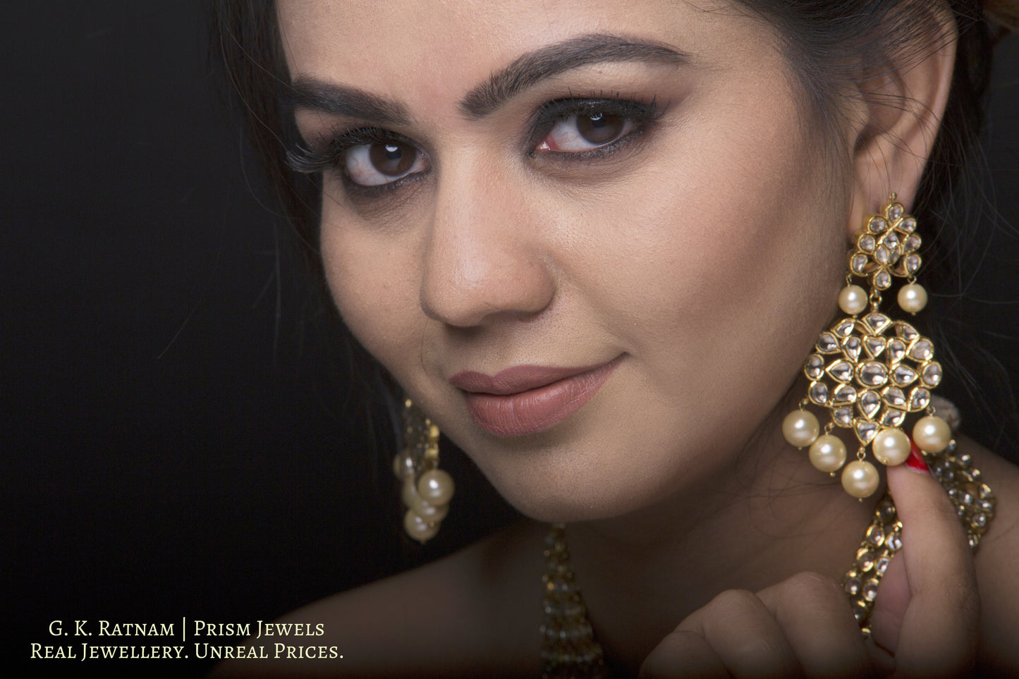 Traditional Gold and DIamond Polki Necklace Set with two lines of pearls interspersed in three lines of uncut diamonds - G. K. Ratnam