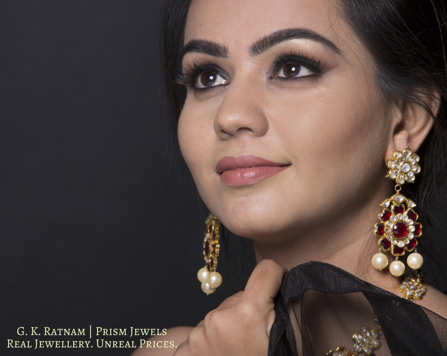 18k Gold and Diamond Polki Navratna Long Necklace Set with colorful flower-shaped tikdas - G. K. Ratnam