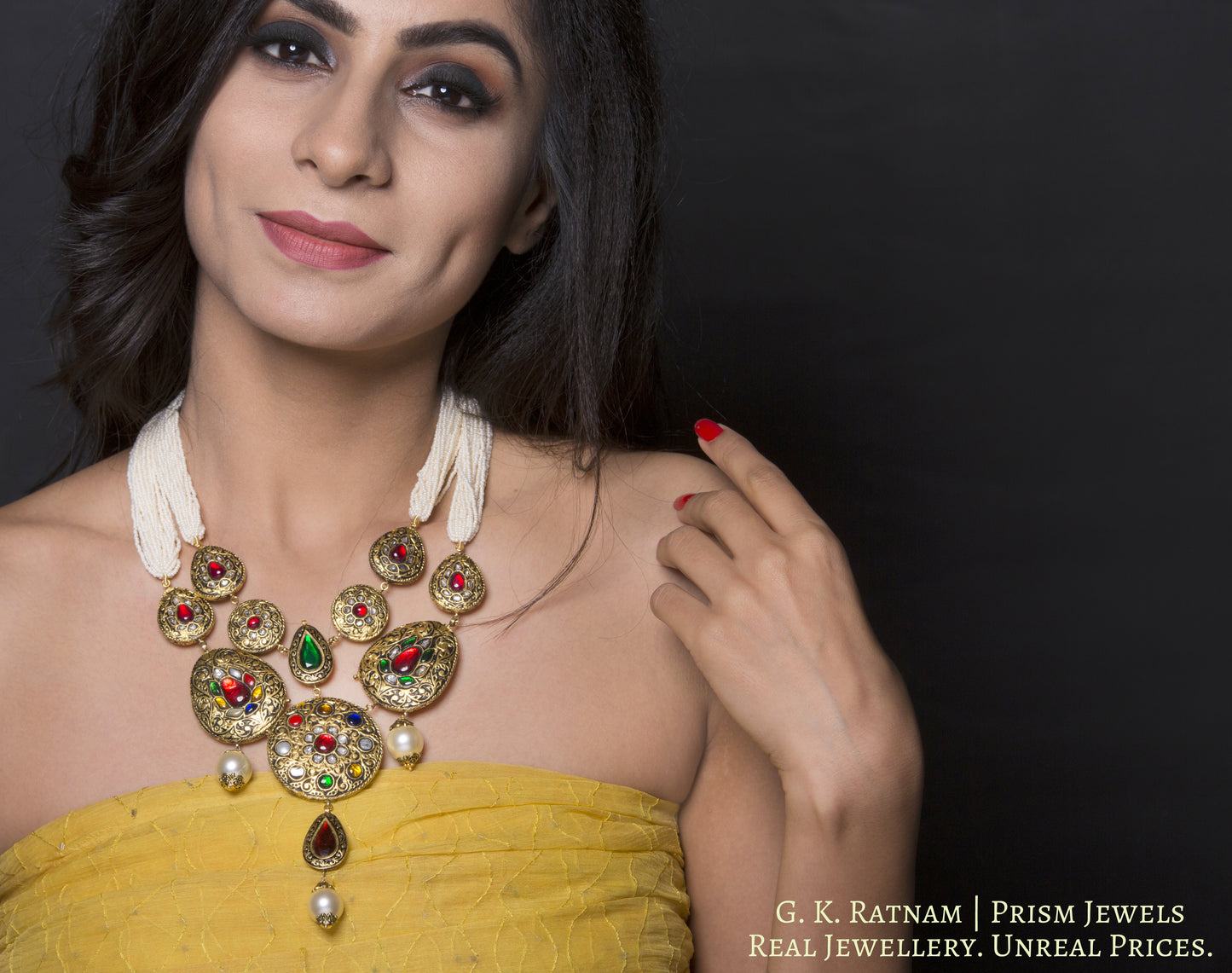 23k Gold and Diamond Polki hybrid Antique Navratna Necklace with tiny chid pearls - G. K. Ratnam