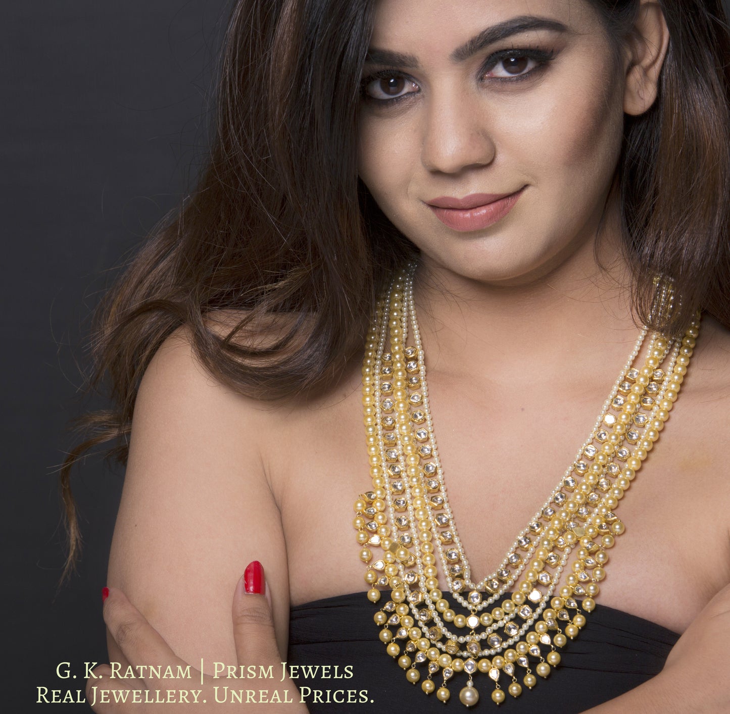 18k Gold and Diamond Polki teen-lada (three-layer) Necklace with uncut tikdas strung in lustrous pearls - gold diamond polki kundan meena jadau jewellery