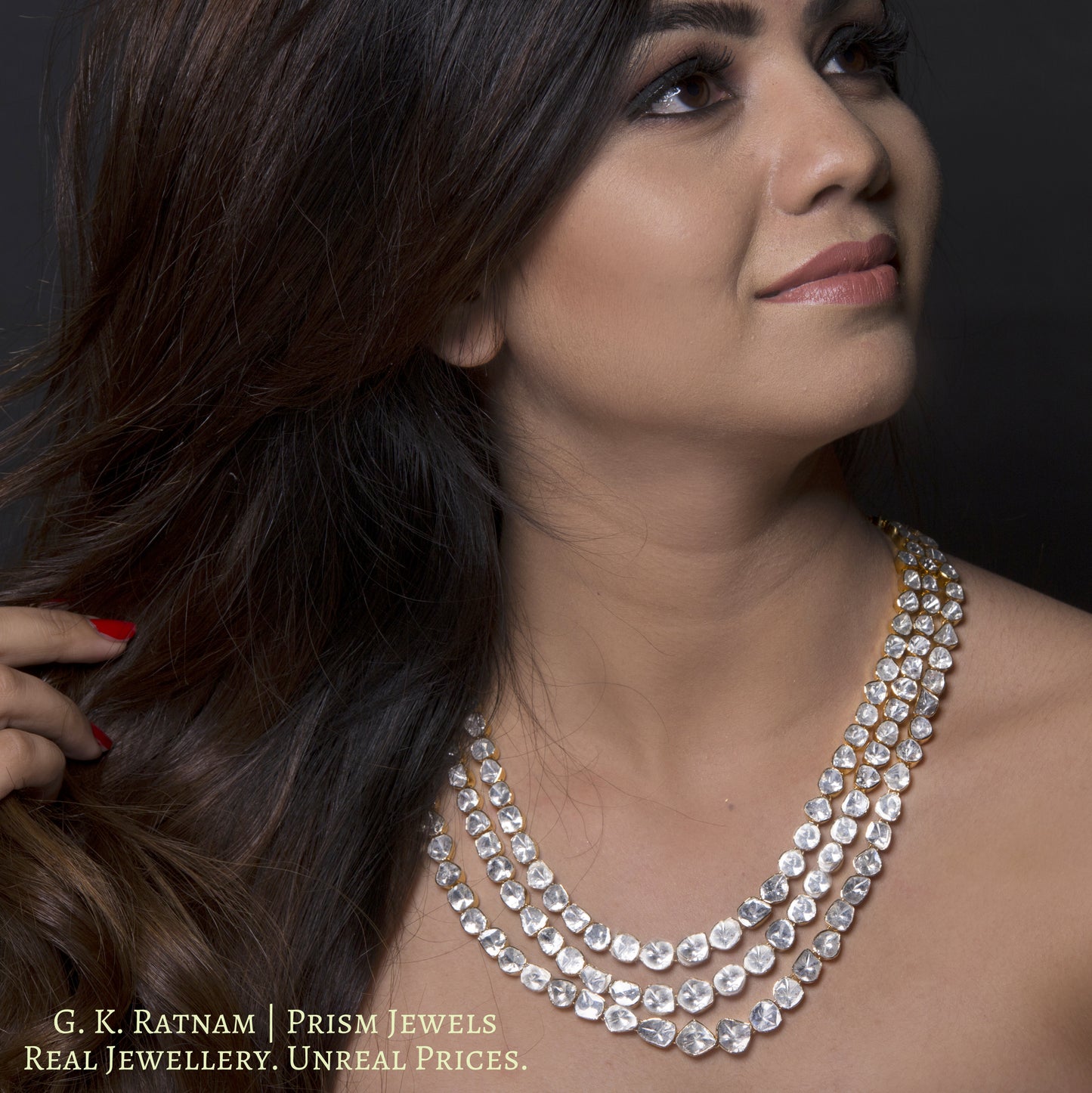 14k Gold and Diamond Polki Open Setting three-line Necklace - gold diamond polki kundan meena jadau jewellery