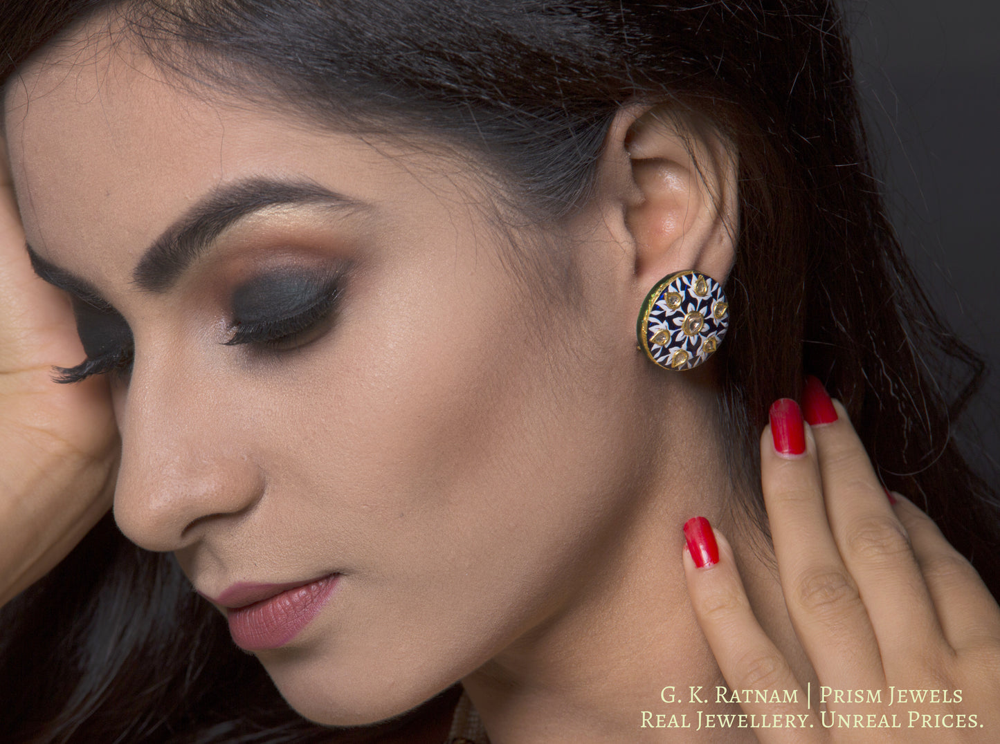 23k Gold and Diamond Polki Tops / Studs Earring Pair with exquisite blue and white enamelling - gold diamond polki kundan meena jadau jewellery