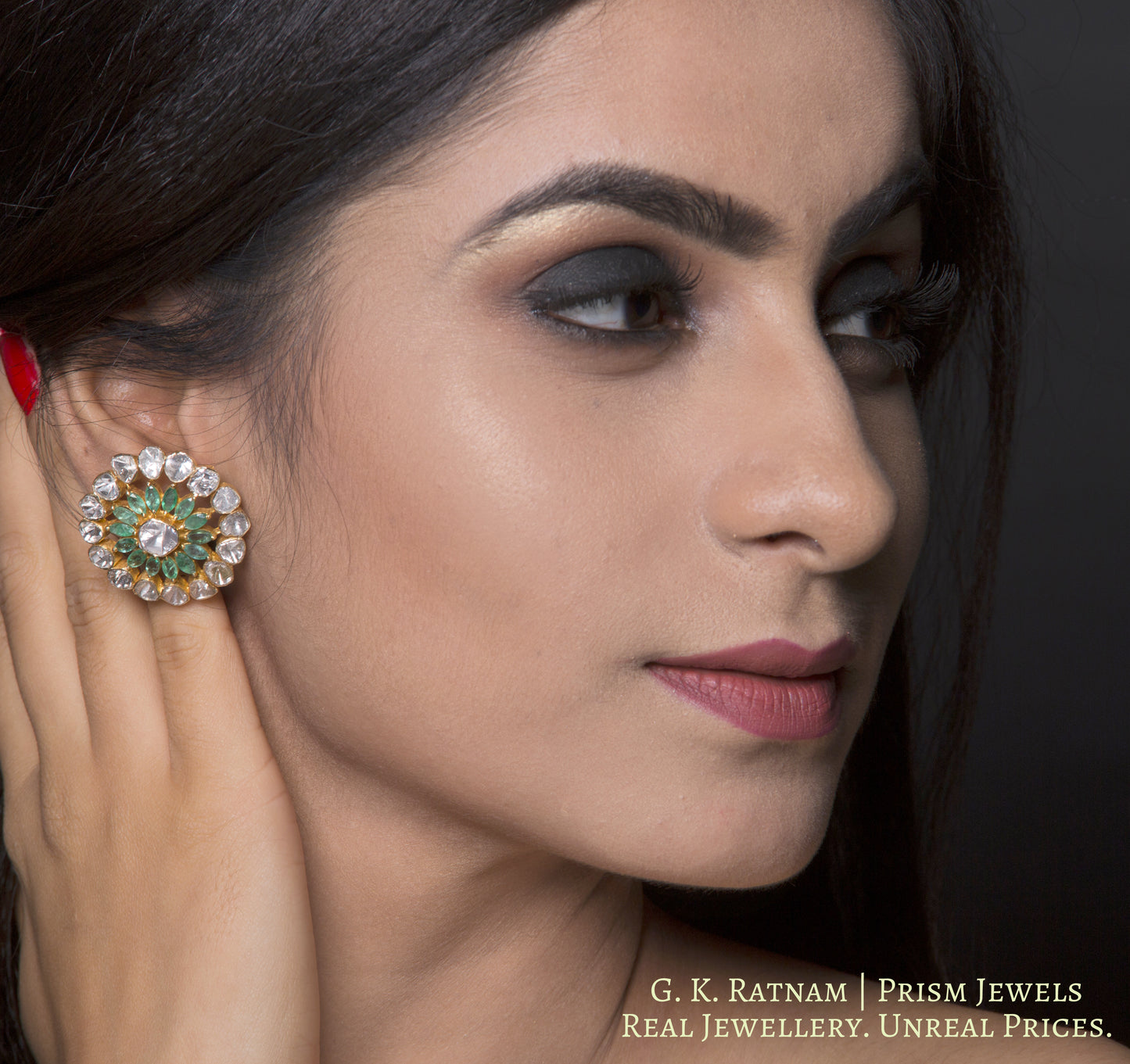 14k Gold and Diamond Polki Open Setting Karanphool Earring Pair with Natural Emerald Marquises - gold diamond polki kundan meena jadau jewellery