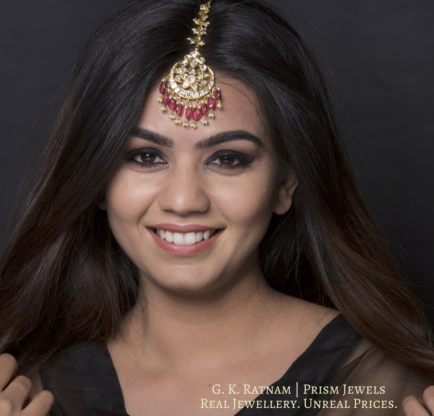 18k Gold and Diamond Polki Maang Tika with tourmaline-pink stones - gold diamond polki kundan meena jadau jewellery