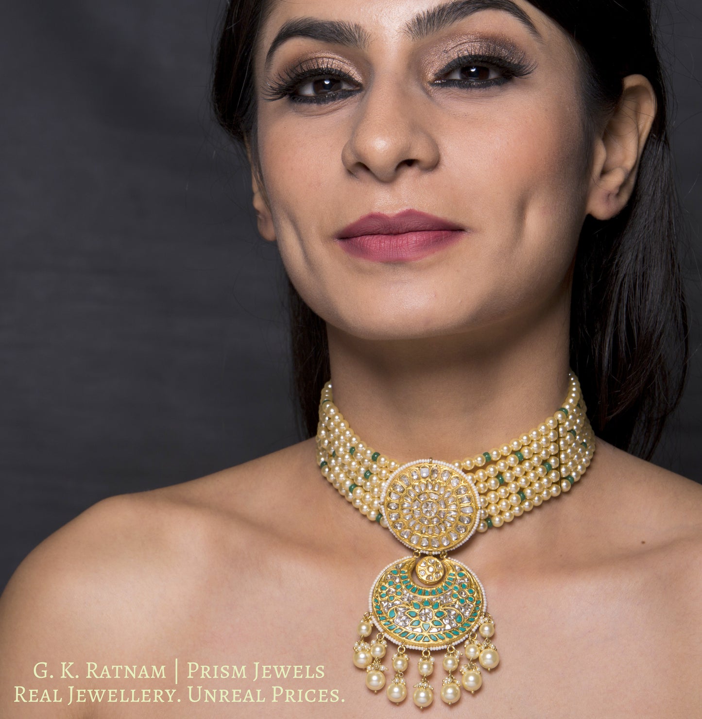 23k Gold and Diamond Polki Turquoise Choker Necklace Set delicately strung in lustrous pearls - gold diamond polki kundan meena jadau jewellery