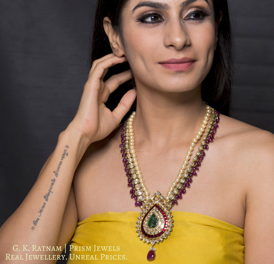 18k Gold and Diamond Polki pear-shaped Pendant strung to uncut ovals enhanced with Natural Rubies - G. K. Ratnam