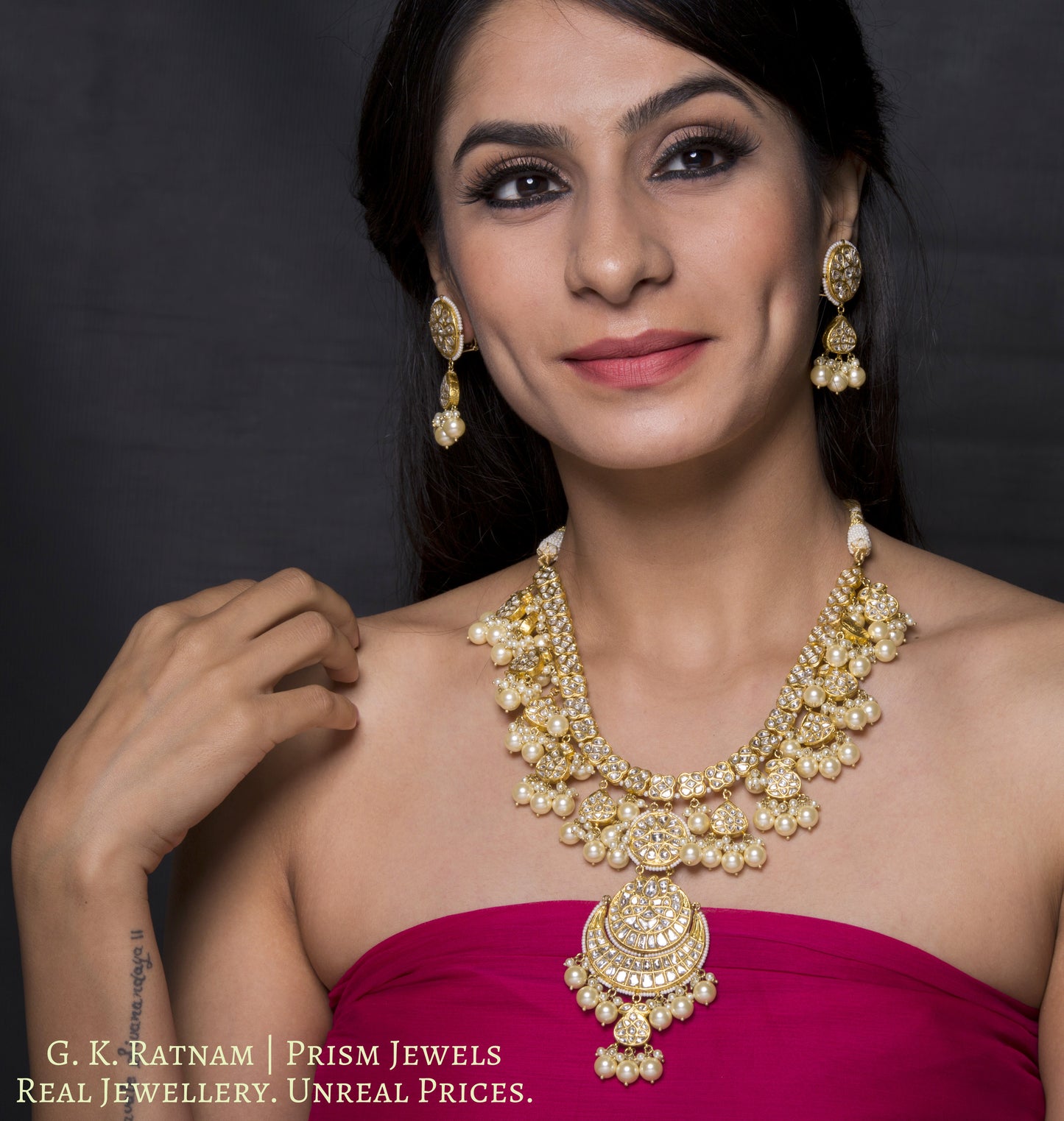 23k Gold and Diamond Polki Long Necklace Set with lustrous shell pearls - gold diamond polki kundan meena jadau jewellery