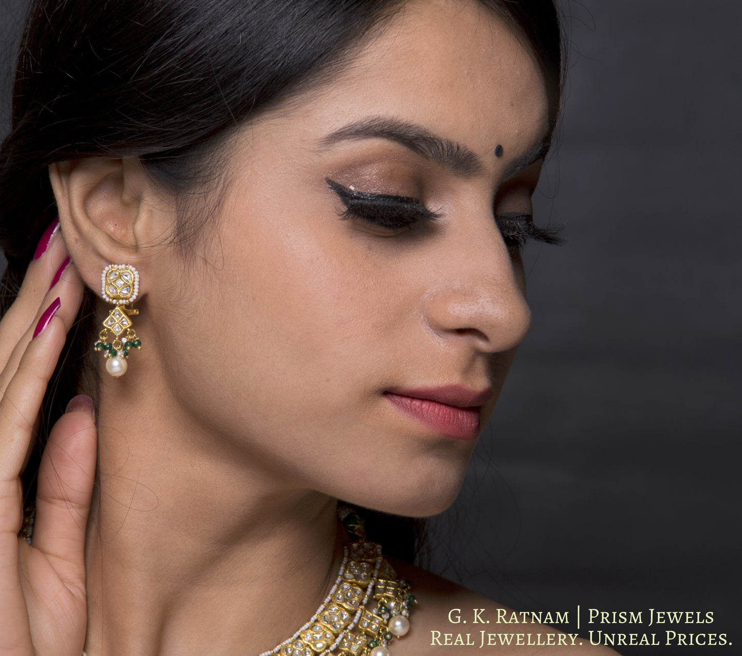 23k Gold and Diamond Polki Necklace Set with Natural freshwater pearls and a hint of green - G. K. Ratnam