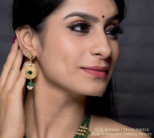 22k Gold and Diamond Polki green-center Octagon Pendant Set with polki leafs strung in natural emerald beads - G. K. Ratnam