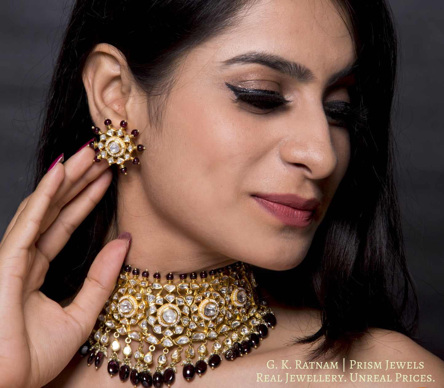 18k Gold and Diamond Polki Choker Necklace Set with Mozambique Garnets - gold diamond polki kundan meena jadau jewellery