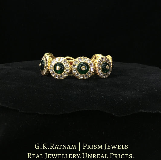 23k Gold and Diamond Polki Bracelet Pair (Paunchi / Ponchi) with emerald-grade Carved Stones