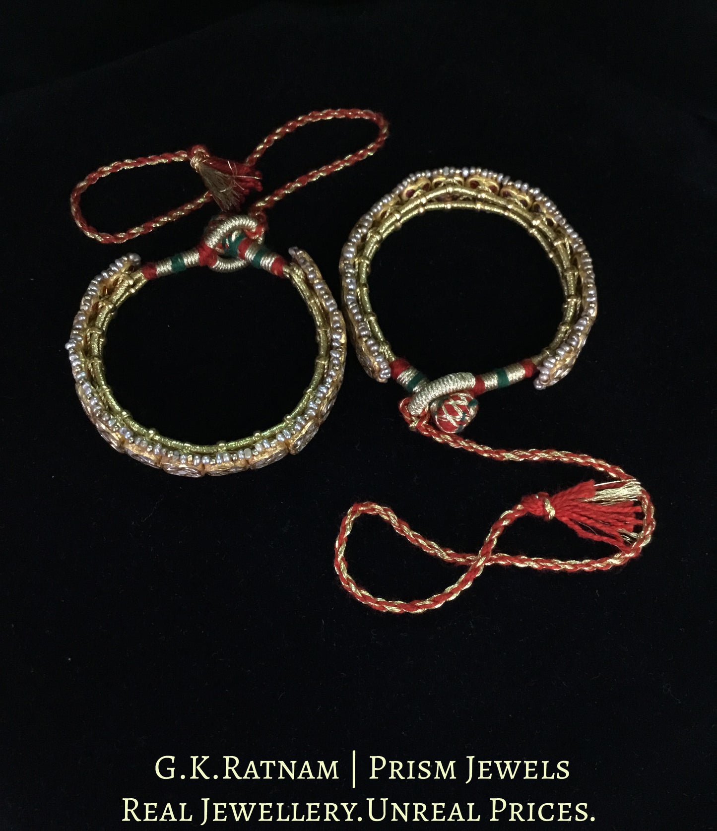 23k Gold and Diamond Polki Bracelet Pair (Paunchi / Ponchi) with Antiqued Freshwater Pearls