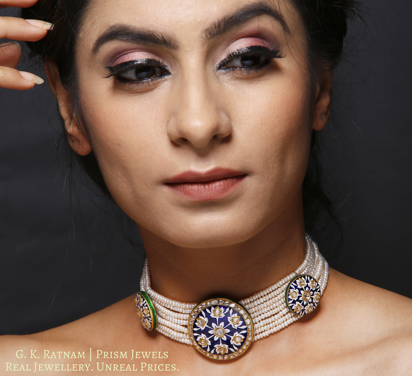 23k Gold and Diamond Polki Choker Necklace Set with exquisite blue pottery - gold diamond polki kundan meena jadau jewellery