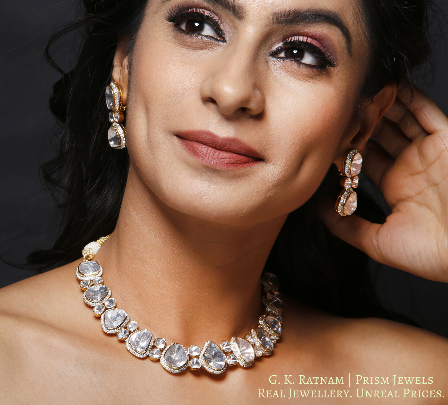 14k Gold and Diamond Polki Open Setting Necklace Set with Big Uncut Diamonds - gold diamond polki kundan meena jadau jewellery
